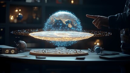 A flat Earth model displayed on a desk with someone pointing at it during a discussion or lecture about the concept theory or belief surrounding the shape of the world