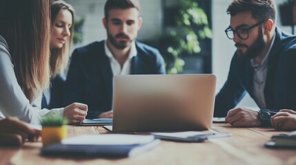 Fototapeta premium Team Collaboration Around Laptop in Modern Office