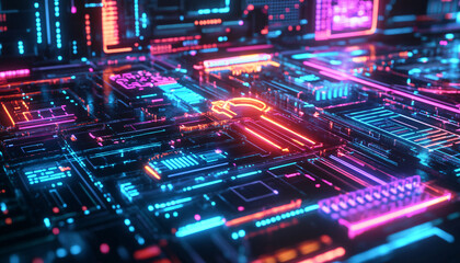 Obraz premium Bright, glowing neon signs in various shapes and colors, with a futuristic, cyberpunk-style backdrop