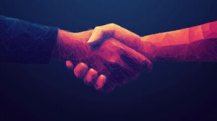 Abstract low poly agreement handshake. isolated on blue dark background. business partner connection concept. vector illustration futuristic modern design