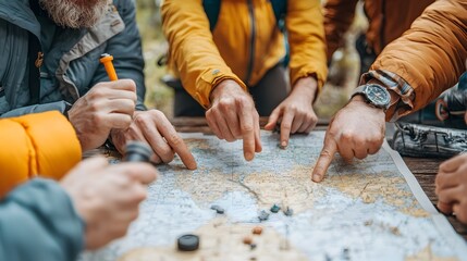 A group of passionate flat Earth theorists gathered around a map intently discussing and debating the geography and details of their proposed flat planet model