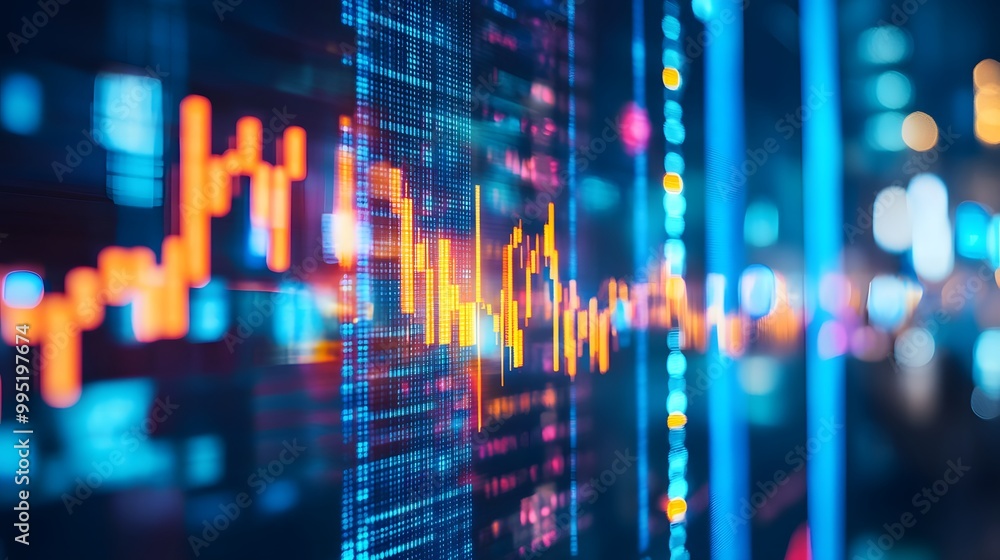Poster abstract stock market data display with glowing lines and blurred lights