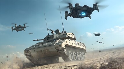 A heavily armored military tank equipped with advanced multi layered anti drone protection systems including radar jamming and physical defenses