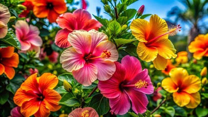 Against a lush green landscape, hibiscus flowers bloom vibrantly, showcasing nature's beauty and vivid colors, creating