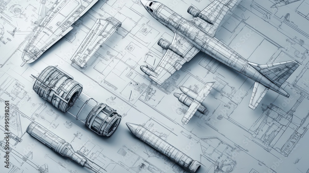 Poster an array of aeronautical components showcased in an engineering blueprint
