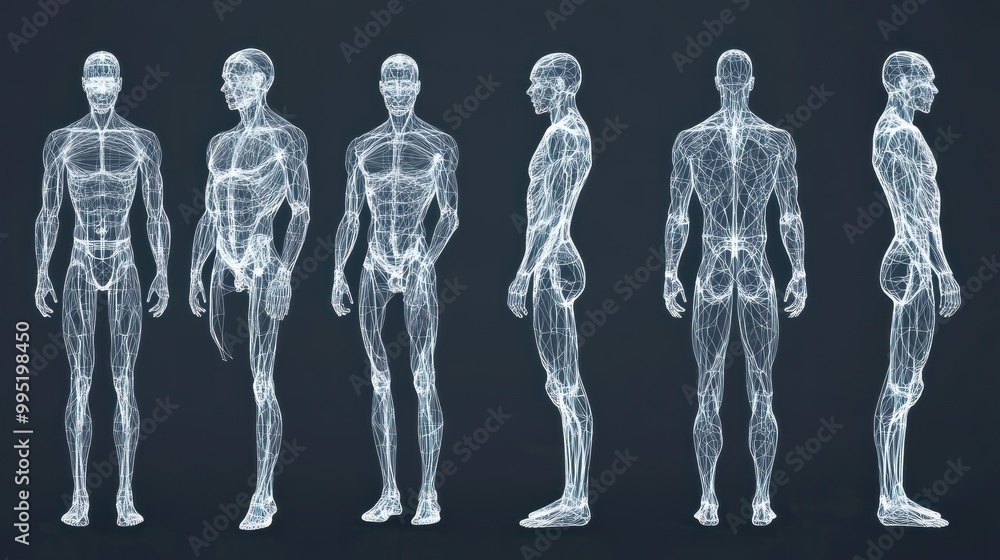 Poster an entire set of polygonal wireframe blueprints showing the human body in 3d.