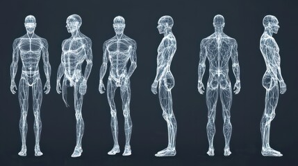 An entire set of polygonal wireframe blueprints showing the human body in 3D.