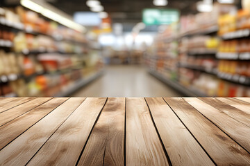 Empty wood table top with supermarket blurred background for product display