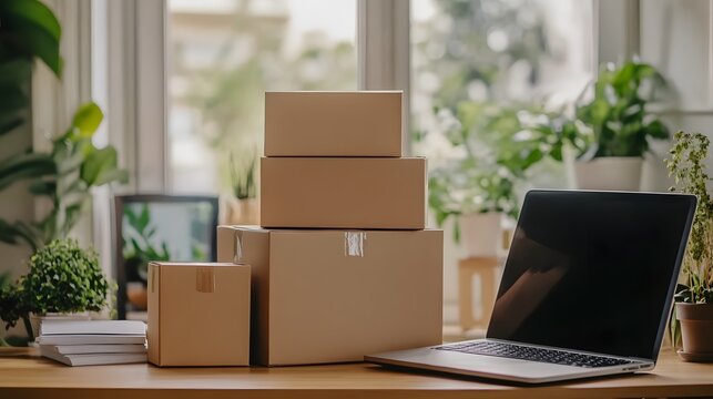 Stack of Cardboard Boxes and a Laptop on a Wooden Desk
