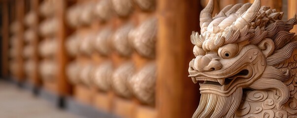 Fototapeta premium A detailed wooden carving of a dragon-like creature stands prominently against a backdrop of textured wood, showcasing intricate craftsmanship and cultural significance.