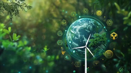 Digital icons surrounding a globe over a lush green forest with a wind turbine, symbolizing sustainability and technology. Seamless loop video background - Powered by Adobe