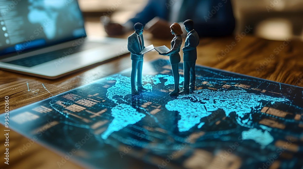 Poster miniature figures examining a world map with a laptop in the background