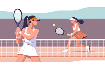 Tennis match. Popular sport. Female tennis player runs to hit the ball with a racket. Vector illustration.