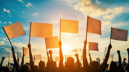 a political campaign rally with supporters holding banners.