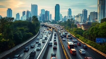 Obraz premium Evening Traffic Jam on a Highway in a City with Skyscrapers
