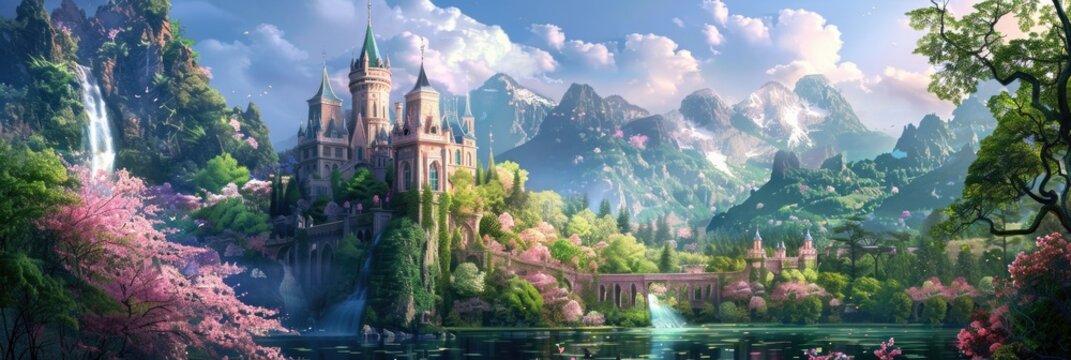 Fairytale Illustration: Graphic Design of a Seasonal Palace in a Fantasy Castle Scene