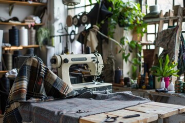 Fototapeta premium Fashion Sewing Workshop: Artist at Work Creating Clothes with Tailoring Machine