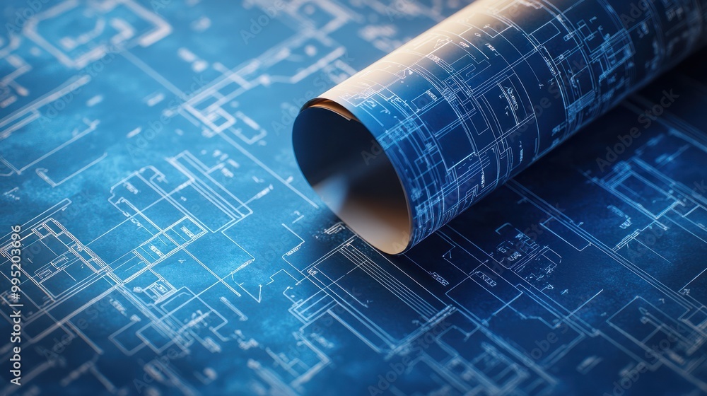 Poster closeup of a rolled up blueprint on a table with a blue electrical diagram. the image is a concept f