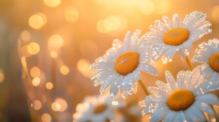Dew-kissed Daisies in Sunlight, a vibrant scene featuring delicate white petals sparkling with fresh dew drops, bathed in warm, golden sunlight, evoking a sense of freshness and beauty.