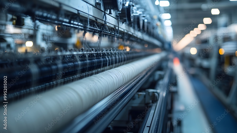 Poster close-up of a textile machine with spools of white thread
