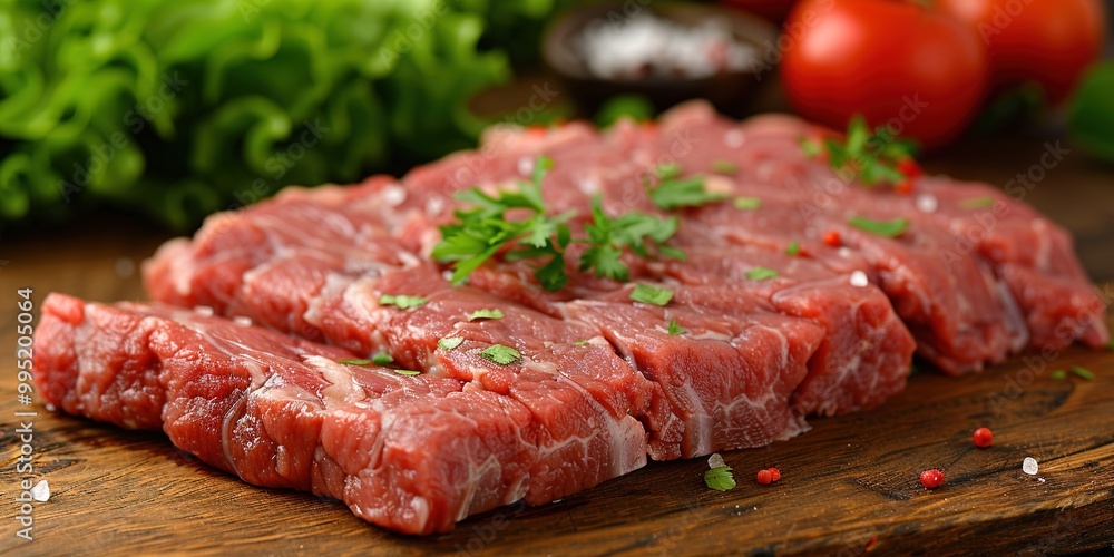 Sticker raw steak on a cutting board