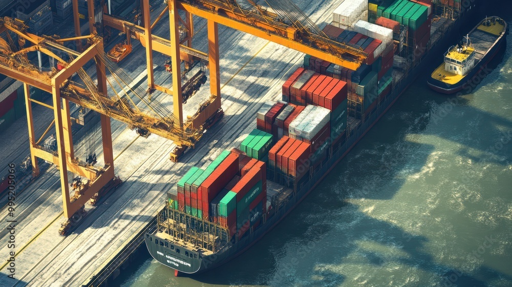 Poster container ship at import-export dock with quay crane.
