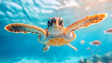 Obraz premium A young turtle swimming alongside diverse marine life in a vibrant thriving coral reef environment embarking on a journey of discovery and adaptation