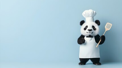 Fototapeta premium Adorable panda character dressed as a professional chef wearing a tall chef s hat and apron holding a spatula in one hand ready to cook up a delicious culinary masterpiece