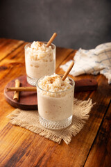 Rice pudding. Sweet dish made by cooking rice in milk and sugar, some recipes include cinnamon, vanilla or other ingredients, it is a very easy dessert to make and very popular all over the world.