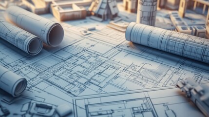 Detailed architectural blueprints with multiple building plans, rolled up scrolls and drafting tools, depicting the design process..