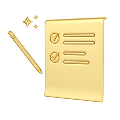 Golden Checklist, Document Icon, 3D rendering of a golden checklist with a pen, symbolizing the accomplishment of tasks and the fulfillment of goals, The sparkle effect adds touch of magic