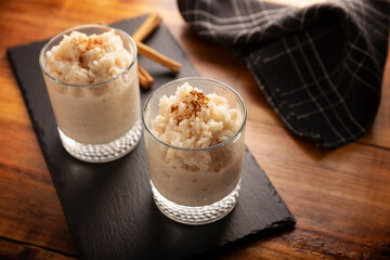 Rice pudding. Sweet dish made by cooking rice in milk and sugar, some recipes include cinnamon, vanilla or other ingredients, it is a very easy dessert to make and very popular all over the world.