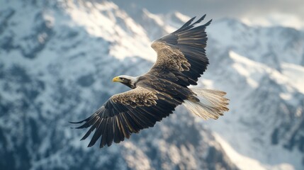 Majestic eagle in flight, wings spread wide against a clear blue sky, embodying freedom and strength, showcasing intricate feather details and dynamic movement.