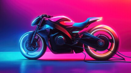 Electric motorcycle cartoon with a connected charging cable, vibrant colors and a clean, minimal look,