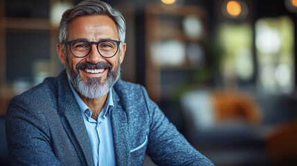 Obraz premium Happy elderly man with glasses smiling indoors, showcasing a warm personality and modern style in a cozy environment.