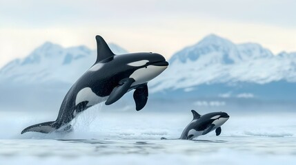 Fototapeta premium Breathtaking scene of a mother orca and her young calf breaching the surface of the pristine ocean waters in perfect synchrony