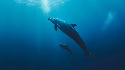 Fototapeta premium Breathtaking Underwater Shot of a Loving Mother Dolphin Playfully Interacting with Her Newborn Calf in the Serene Depths of the Deep Blue Ocean
