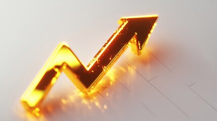 Gold up arrow success isolated on white 3d background with growth direction graph graphic symbol or golden economy stock profit chart icon element and investment financial achievement market
