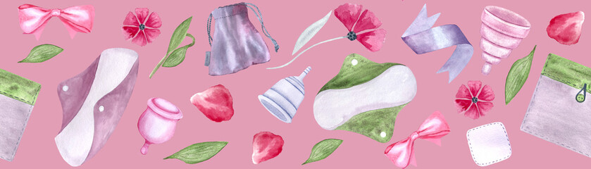 A period pad, a fabric pouch, a menstrual cup, ribbons petals watercolor seamless border on pink background. Great for packaging, tape. Eco-friendly menstrual care design. Sustainable lifestyle