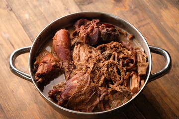 gudeg manggar. is a coconut flower vegetable cooked with coconut milk, brown sugar, coriander, and spices. Kampung Chicken. Yogyakarta cuisine. Indonesian food.