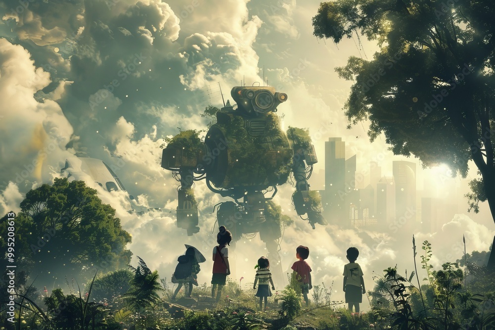 Poster a group of children are standing in a field next to a giant robot