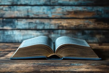 Pages Turning in Open Book on blurred Wooden Background.