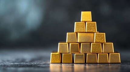 Stacked pyramid of shiny gold bars arranged against a dark background, symbolizing wealth, luxury, and financial investment in precious metals.

