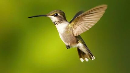 Fototapeta premium A hummingbird in flight with blurred green background, showcasing its vibrant feathers.