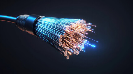 Fiber optic cables are essential for modern communication, showcasing vibrant light transmission. This image highlights intricate design and technology behind these cables