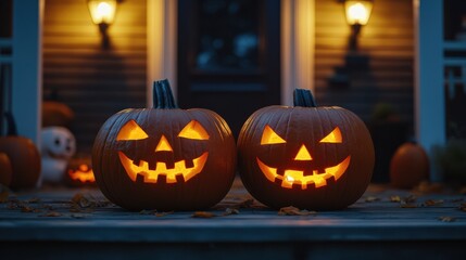 Obraz premium Halloween pumpkins on a fuzzy background of an American porch with glowing faces