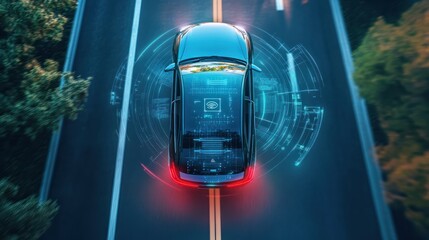 In future, Autonomous smart car will scan the road for hazards. IOT concept in autonomous self-driving mode with graphic sensors and radar signals. Top view of the futuristic smart car with the