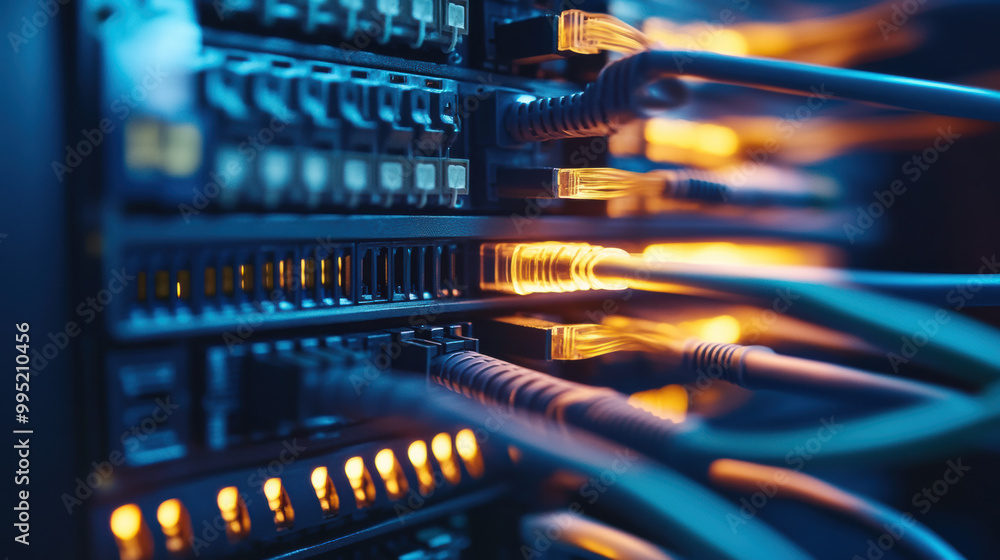 Poster high tech server room with illuminated network cables connected to switches, showcasing backbone of 