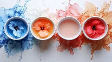 Vibrant bowls of color with flowers create a stunning visual display, perfect for artistic and aesthetic themes.