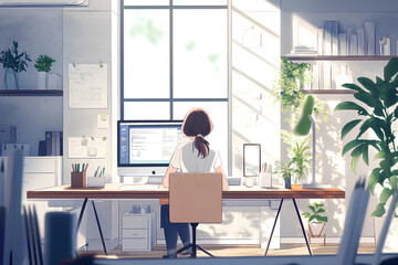 Fototapeta premium Female interior designer working in office, anime style